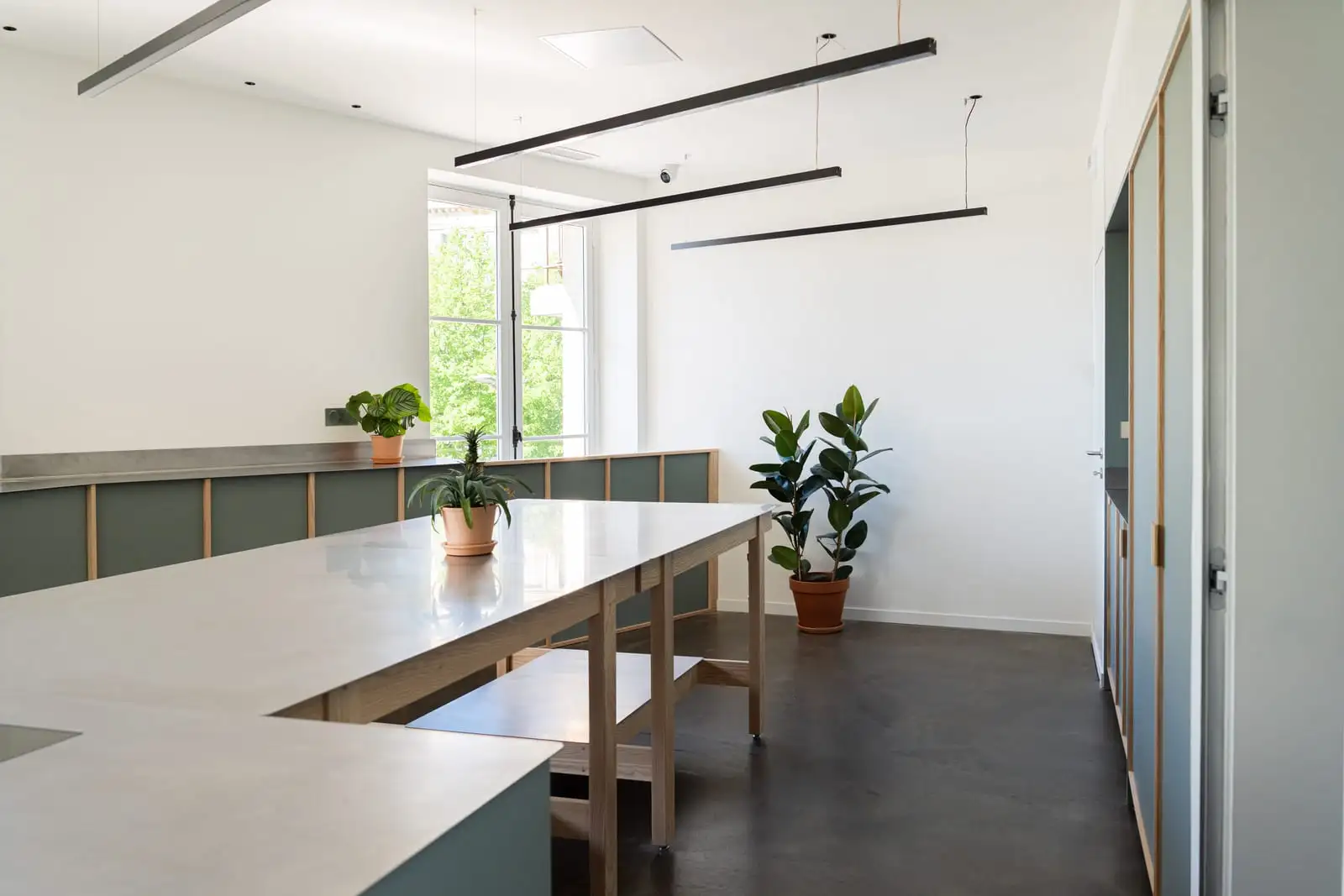 Cuisine de l'Atelier Qu4tre-Qu4rts : îlot, grande table en bois et plantes, lumière naturelle, Bordeaux
