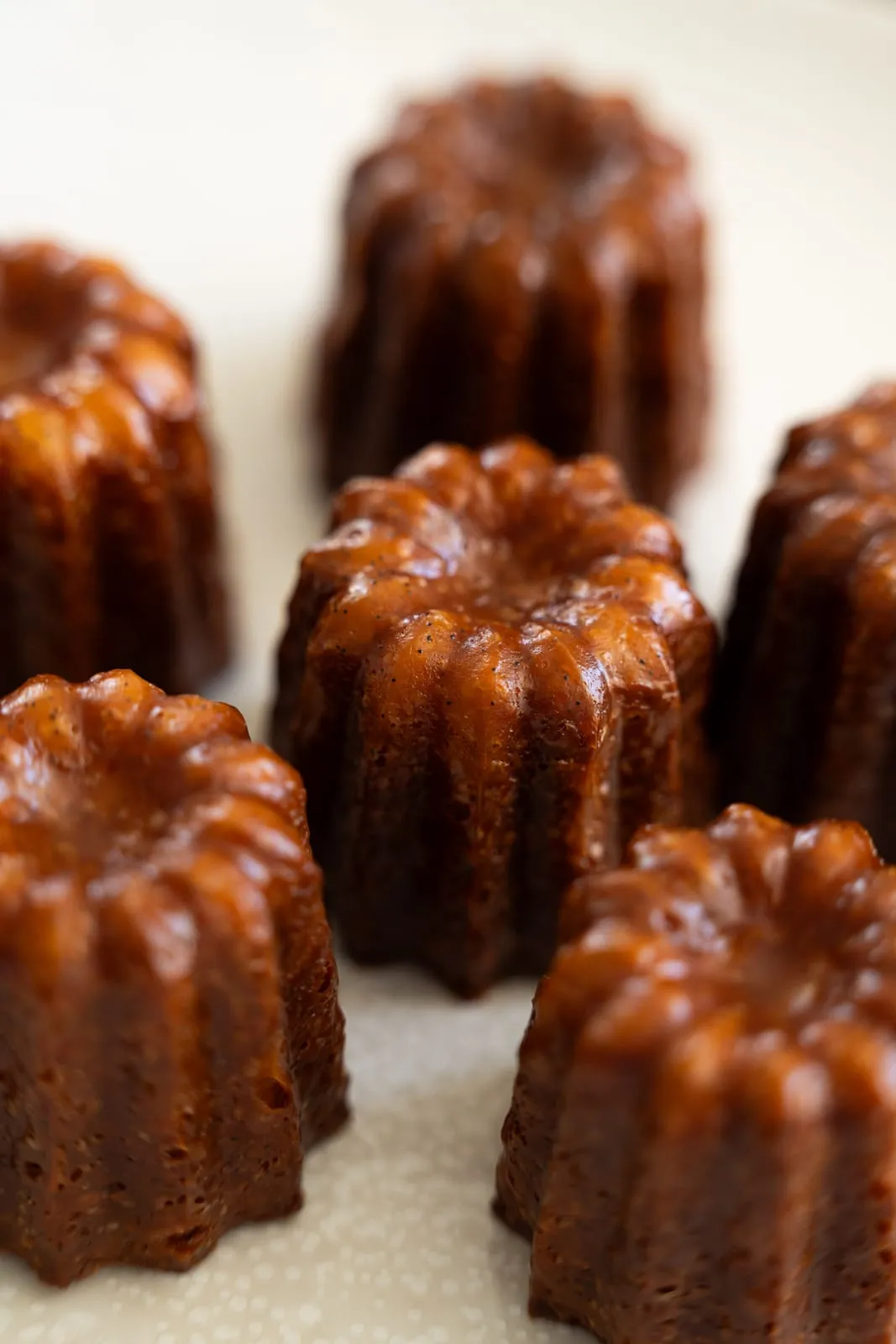 Cannelés au rhum Moon Harbour alignés sur une assiette, pâtisserie Qu4tre-Qu4rts à Bordeaux